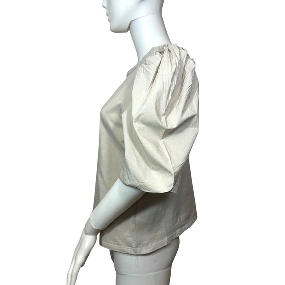 H&M Women Top M Beige Round Neck Short Voluminous Balloon Sleeves Cotton Stretch - Picture 2 of 11